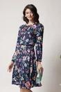 Rochie office din viscoza bleumarin cu imprimeuri roz si curea in talie