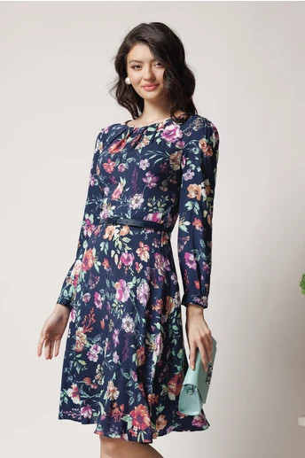 Rochie office din viscoza bleumarin cu imprimeuri roz si curea in talie