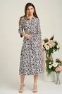Rochie office din viscoza cu imprimeu bleumarin-bej si cordon in talie