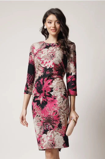 Rochie office din viscoza cu imprimeu fucsia si bej