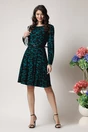 Rochie office din viscoza verde cu imprimeuri negre si curea in talie