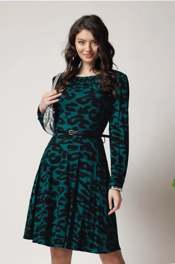 Rochie office din viscoza verde cu imprimeuri negre si curea in talie