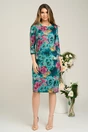 Rochie office din viscoza verde cu trandafir roz