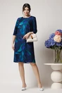 Rochie office din voal satinat bleumarin cu imprimeu verde
