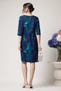 Rochie office din voal satinat bleumarin cu imprimeu verde