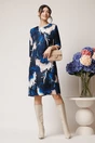 Rochie office din voal satinat bleumarin cu imprimeuri bej