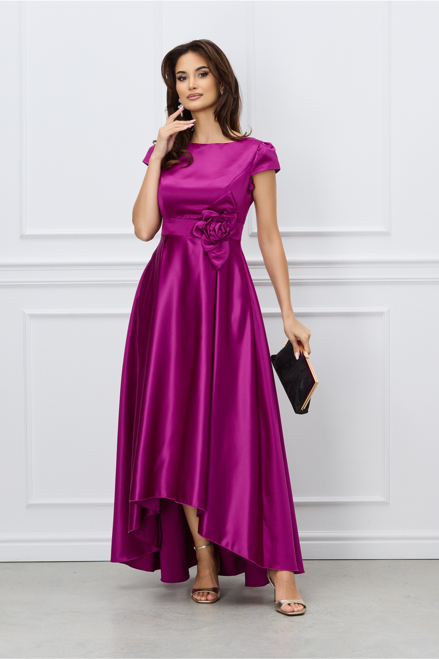 Rochie office magenta lunga cu floare in talie