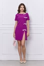 Rochie office magenta scurta cu funde albe si crepeu pe fusta