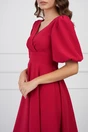 Rochie office rosu zmeura cu maneci bufante