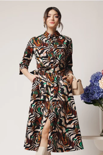 Rochie office din stofa tip camasa maro cu zebra print si cordon in talie