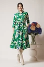 Rochie office din viscoza tip camasa verde cu imprimeu ivory si cordon in talie