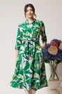 Rochie office din viscoza tip camasa verde cu imprimeu ivory si cordon in talie