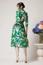 Rochie office din viscoza tip camasa verde cu imprimeu ivory si cordon in talie