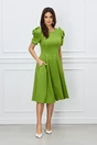 Rochie office verde fistic clos cu trandafiri la maneci