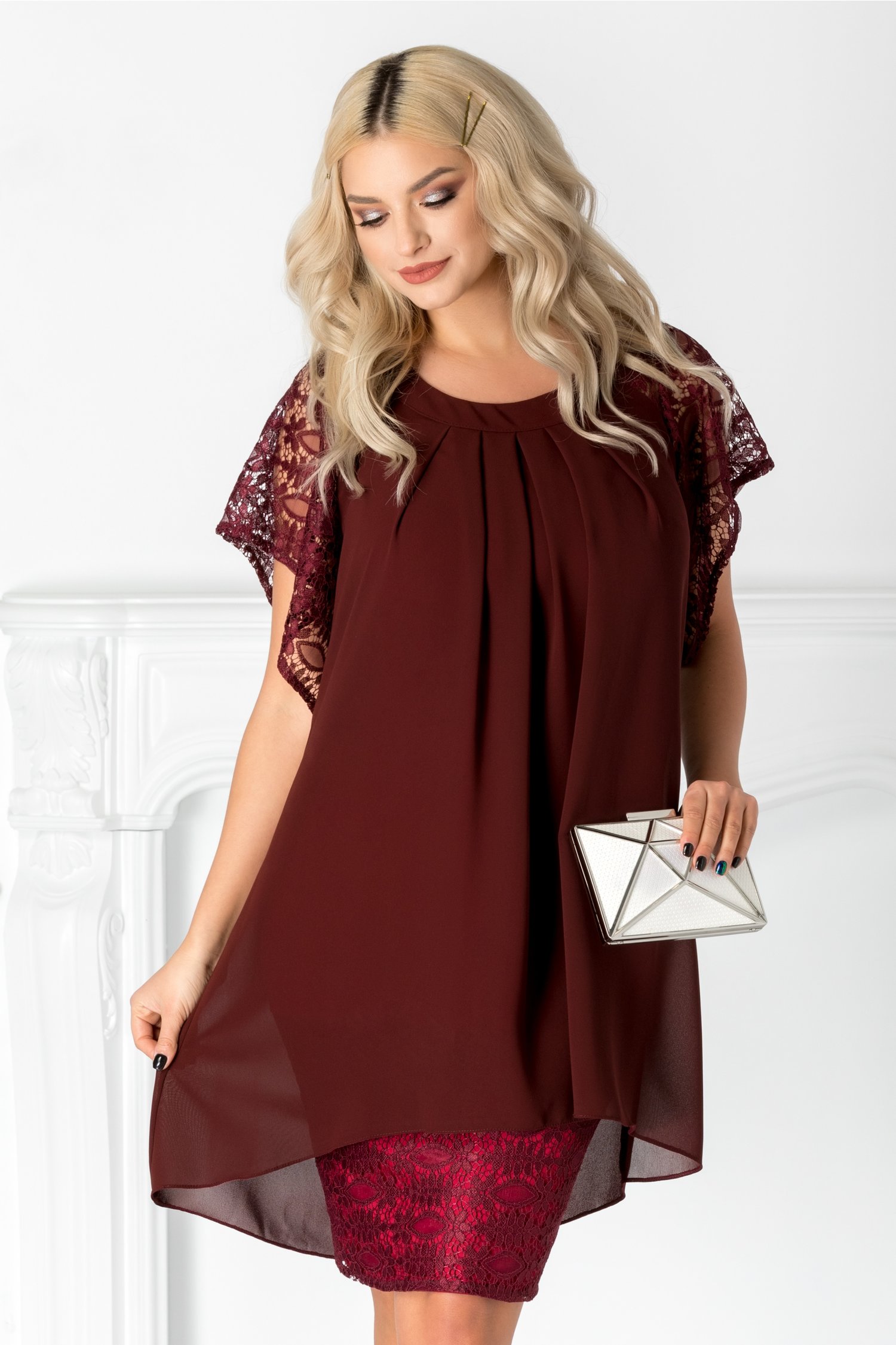 Rochie Olivia bordo din voal si dantela