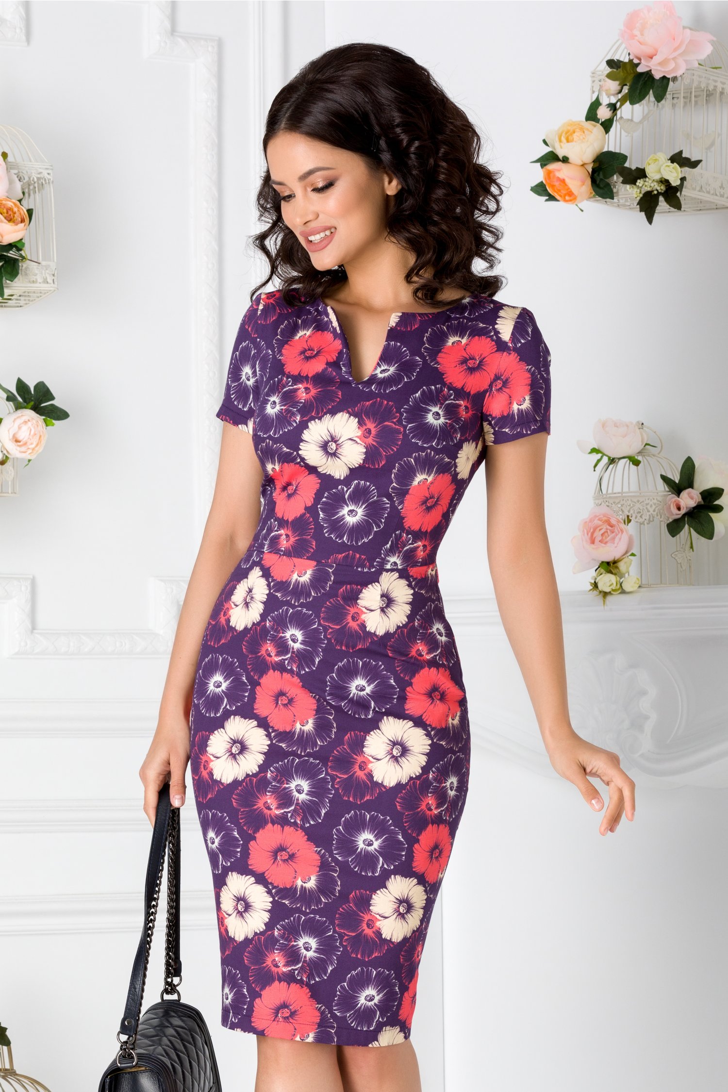 Rochie Olivia mov cu flori maxi