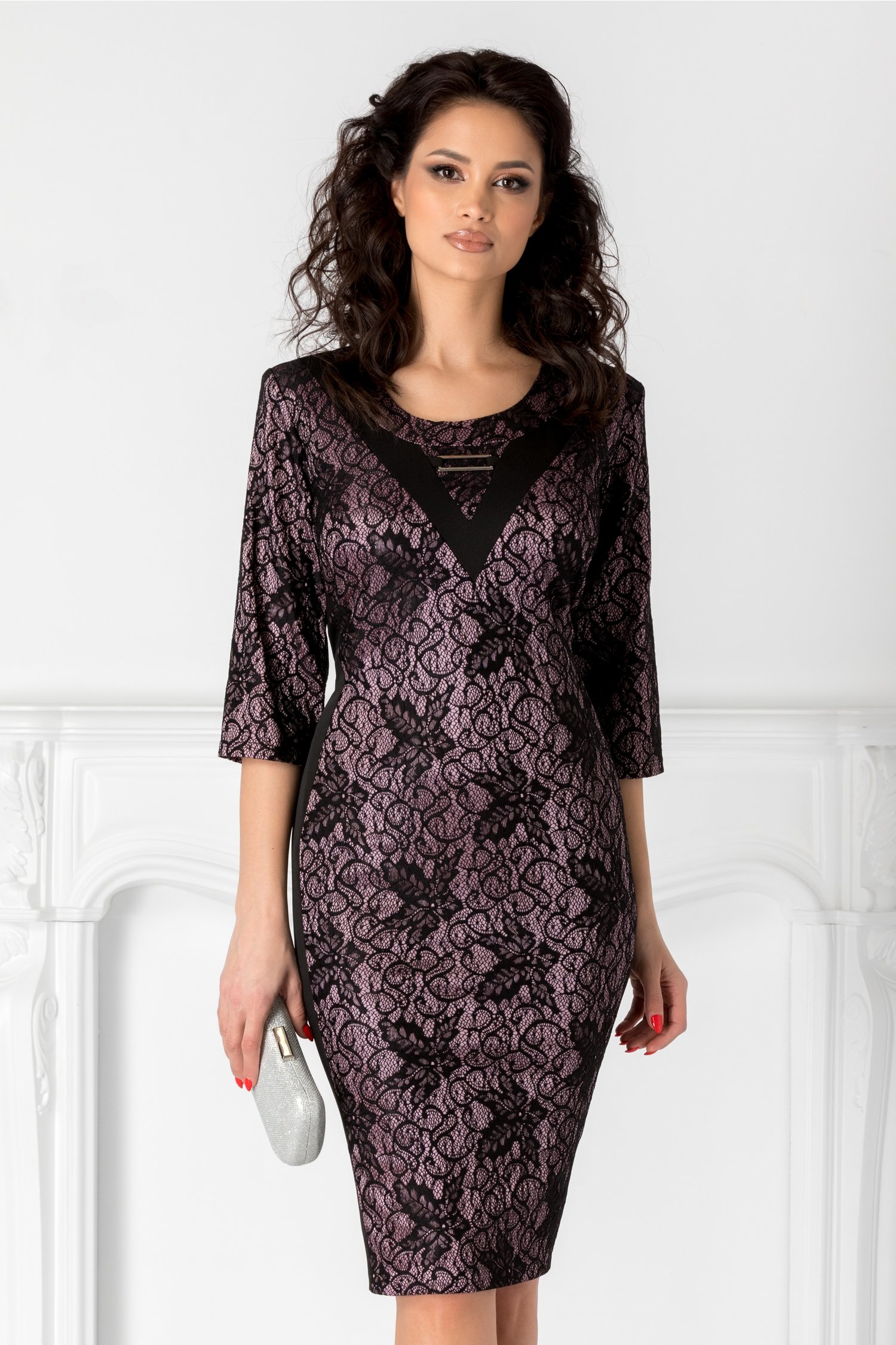 Rochie Olivia negru cu lila si dantela