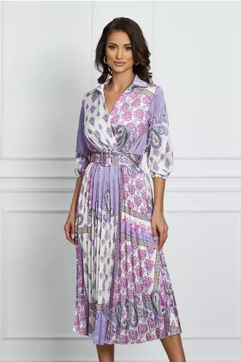 Rochie Olivia plisata alba cu imprimeuri lila si curea in talie