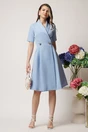 Rochie office din stofa bleu cu croi petrecut si nasturi in talie