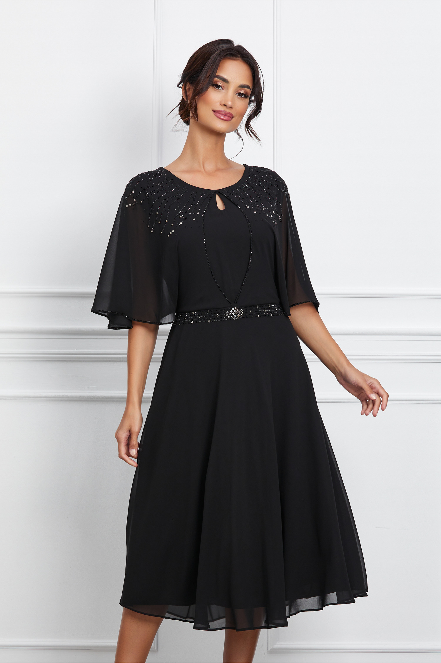 Rochie Ramona neagra din voal cu strasuri - Rochii-Dama.ro