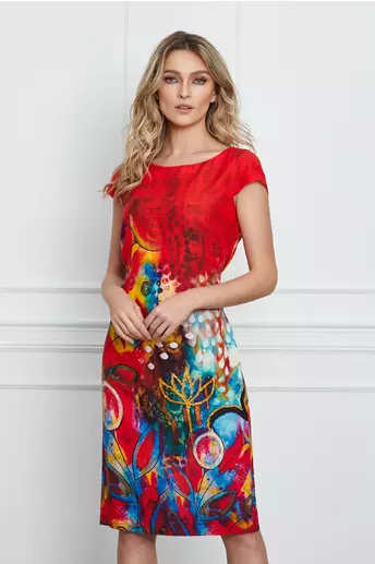 Rochie Ramona rosie cu imprimeuri galbene