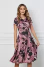 Rochie Ramona roz cu imprimeuri negre si guler rotund