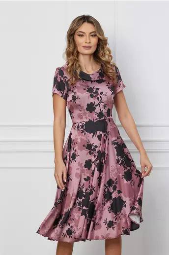 Rochie Ramona roz cu imprimeuri negre si guler rotund