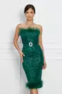 Rochie Ramona verde din paiete cu pene si curea in ralie