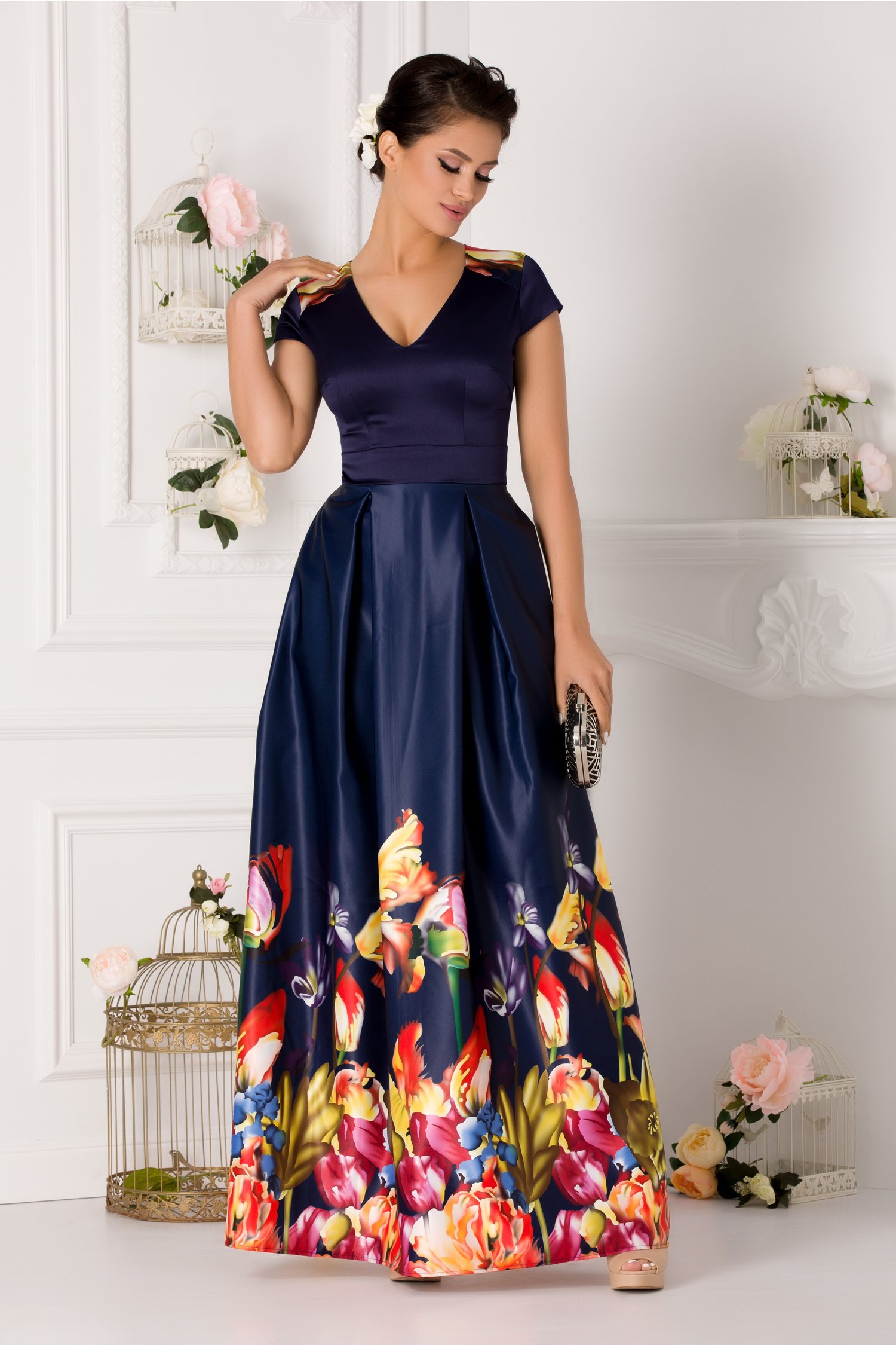 Rochie rhona lunga bleumarin cu imprimeu multicolor