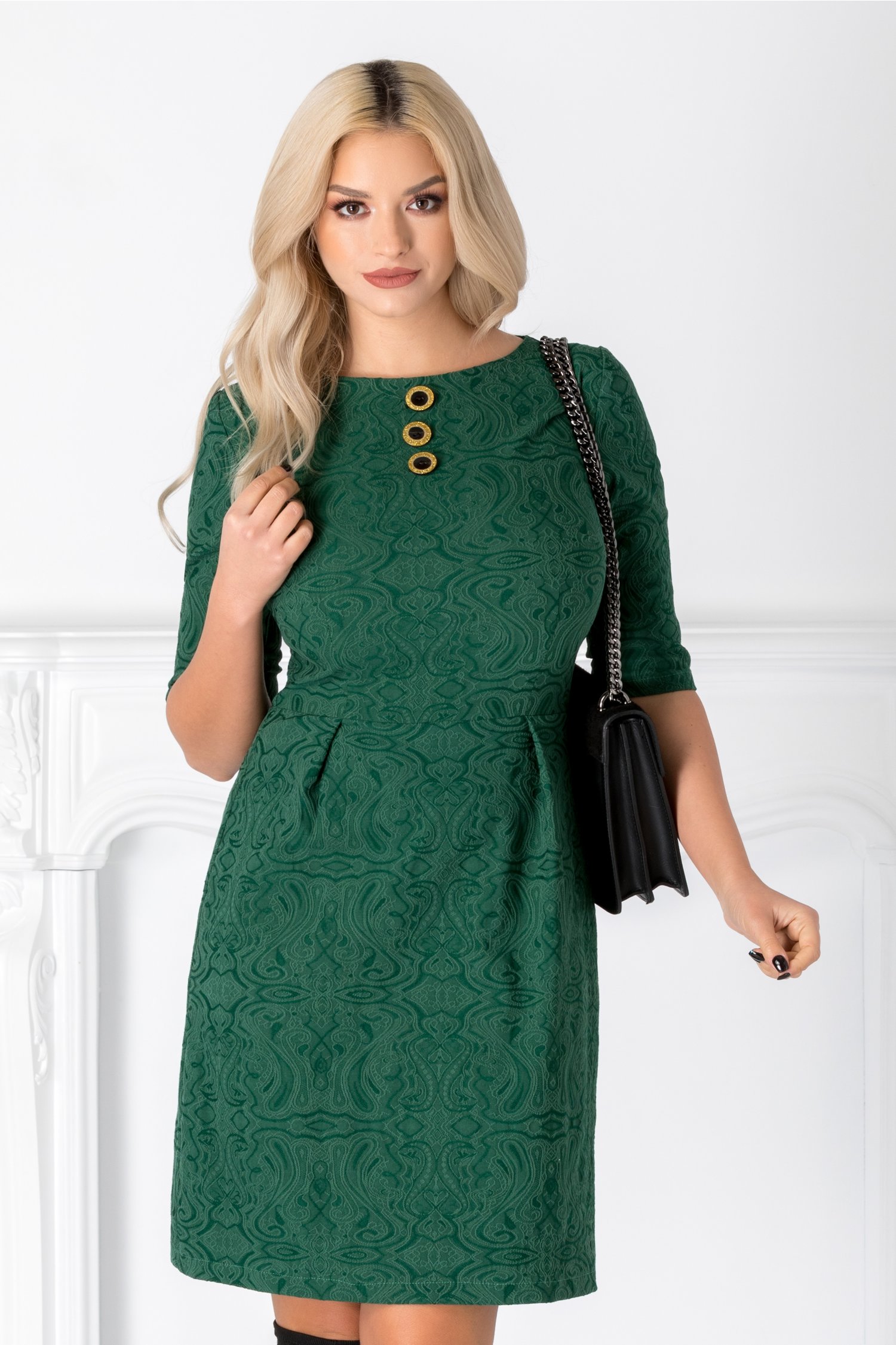 Rochie Risa office din bumbac verde cu nasturi la bust