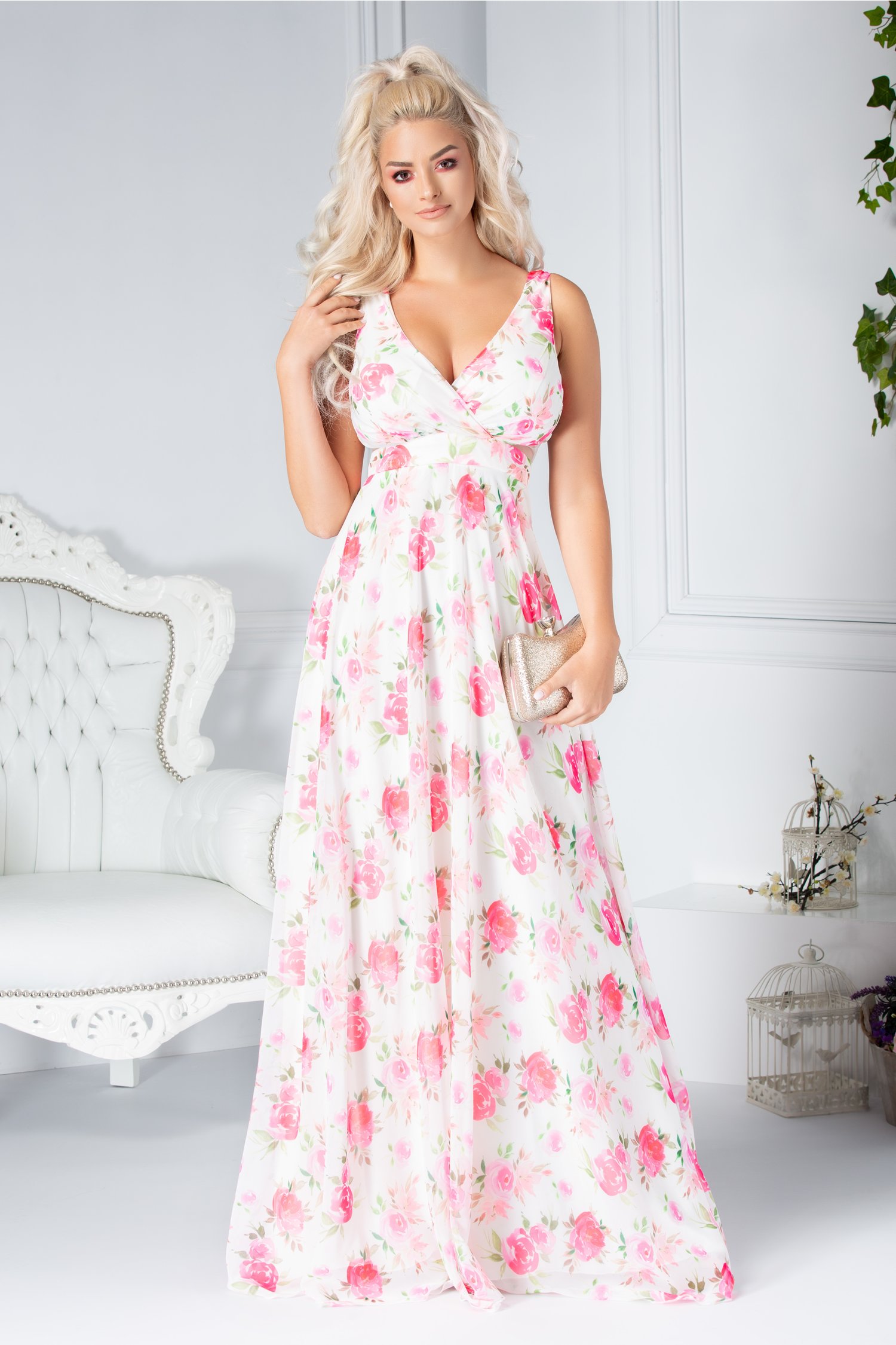 Rochie Fofy Romina lunga ivory cu imprimeu floral