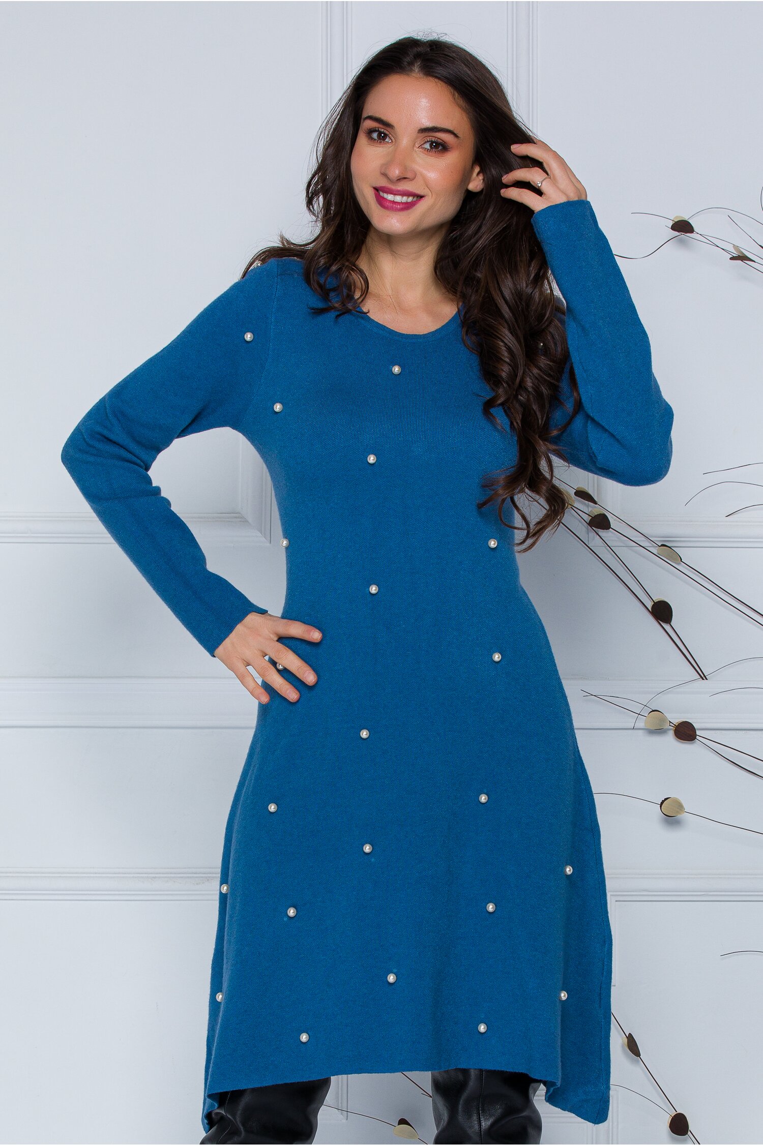 Rochie Rona albastra cu perlute