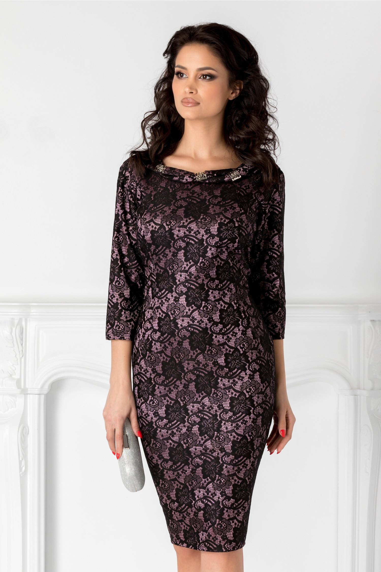 Rochie Rona lila cu dantela neagra