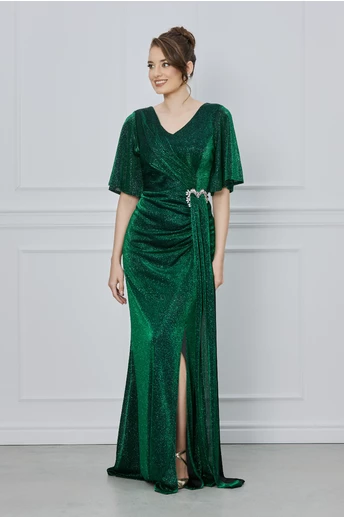 Rochie Roxi lunga din lurex verde cu accesoriu in talie