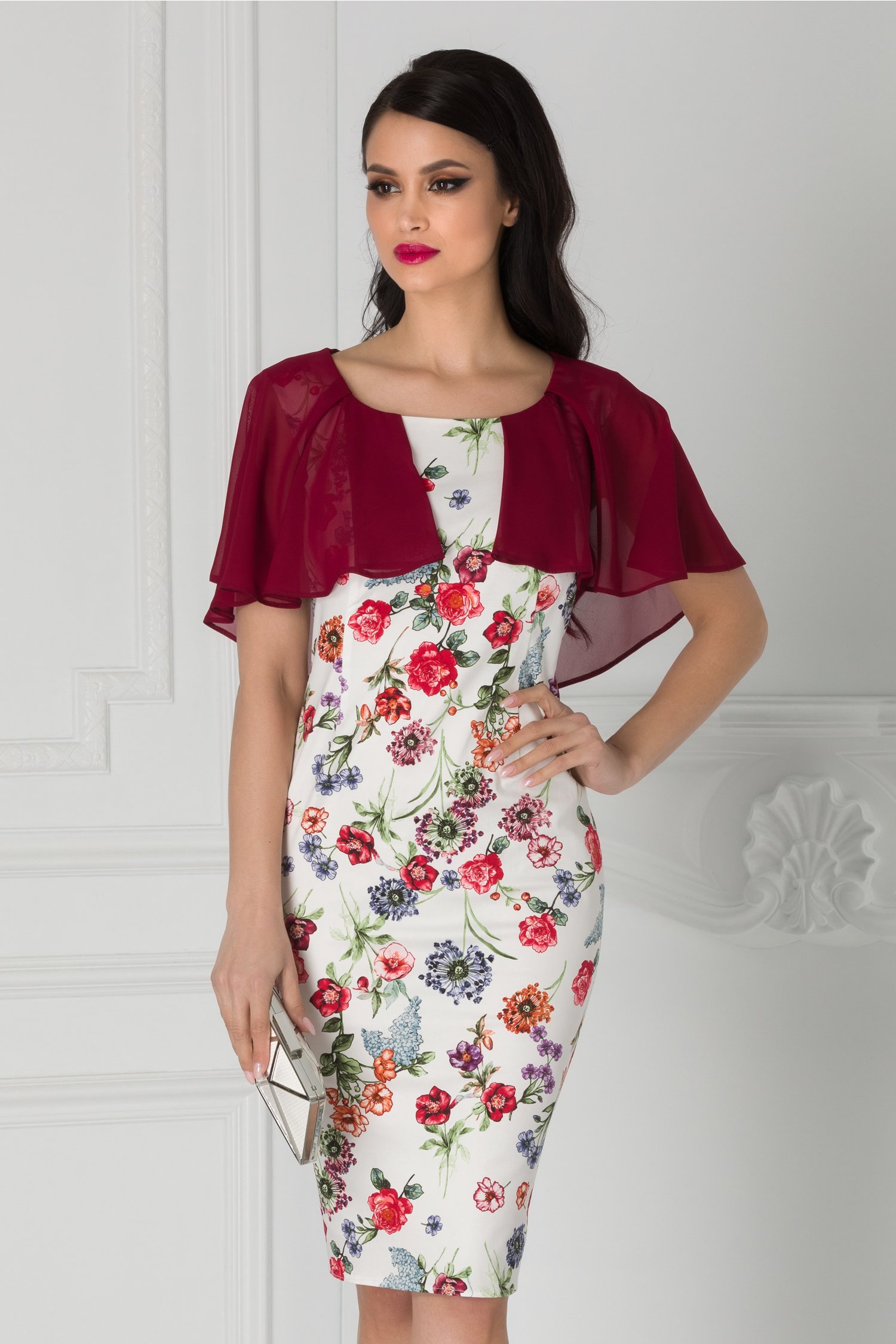 Rochie Roxy alba cu imprimeu floral rosu