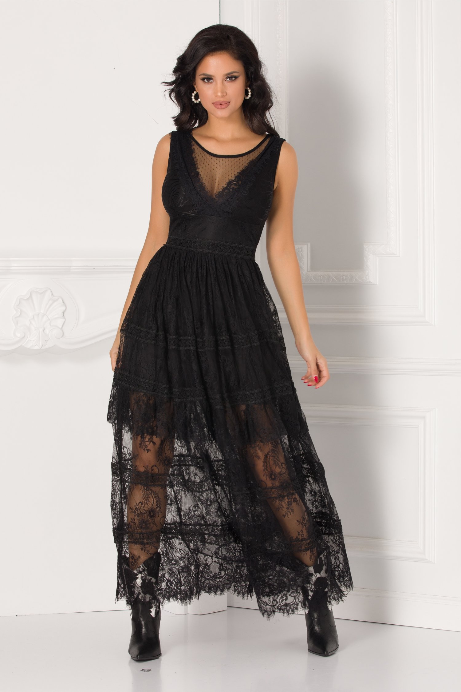 Rochie roxy neagra lunga din dantela