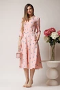Rochie roz midi de zi cu buline gri si decolteu