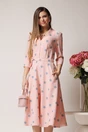 Rochie roz midi de zi cu buline gri si decolteu
