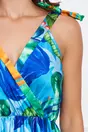 Rochie Sabrina albastra cu imprimeu tropical verde