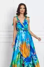 Rochie Sabrina albastra cu imprimeu tropical verde