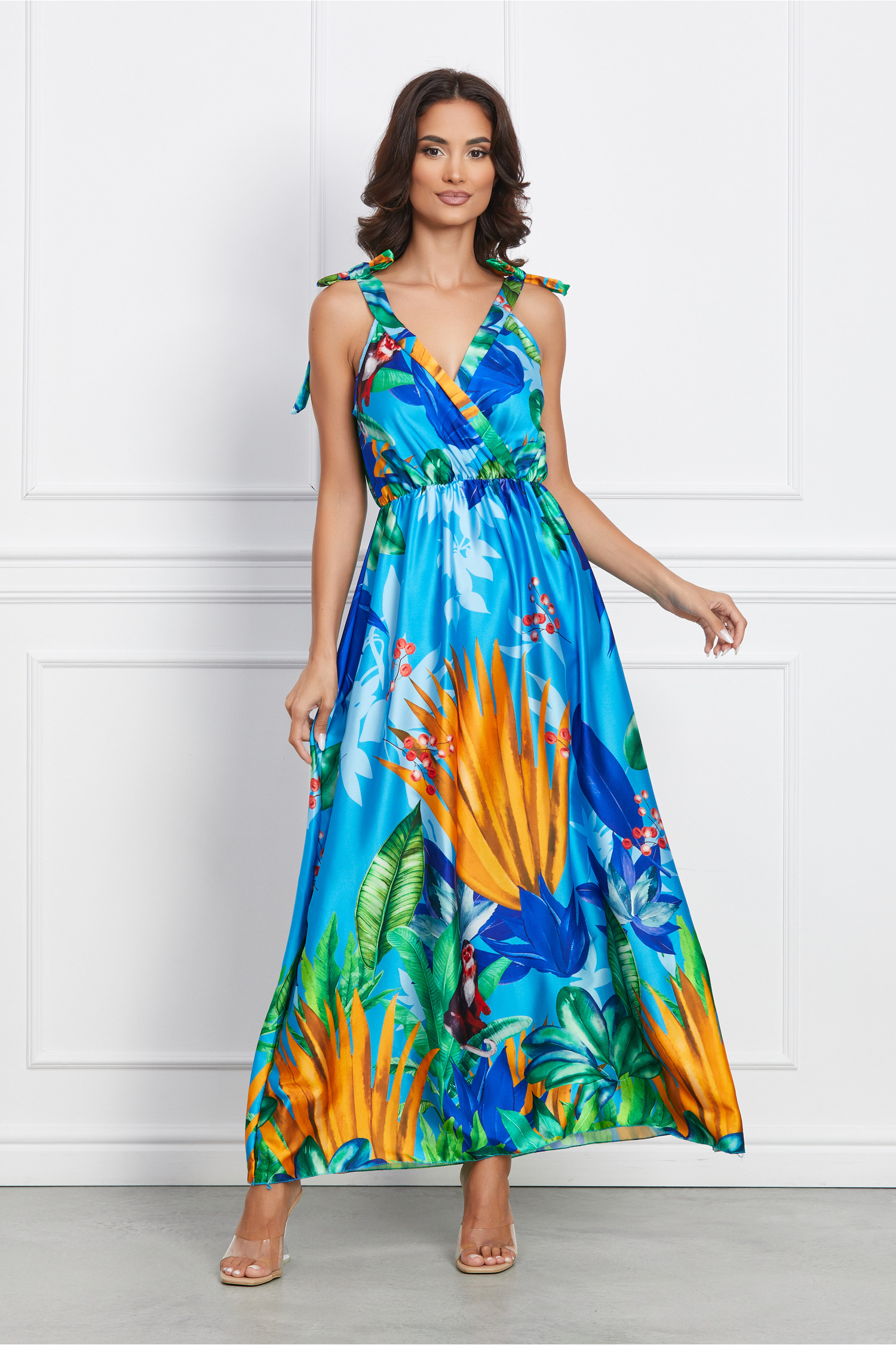 Rochie de seara Sabrina albastra cu imprimeu tropical verde