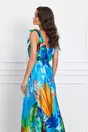 Rochie Sabrina albastra cu imprimeu tropical verde
