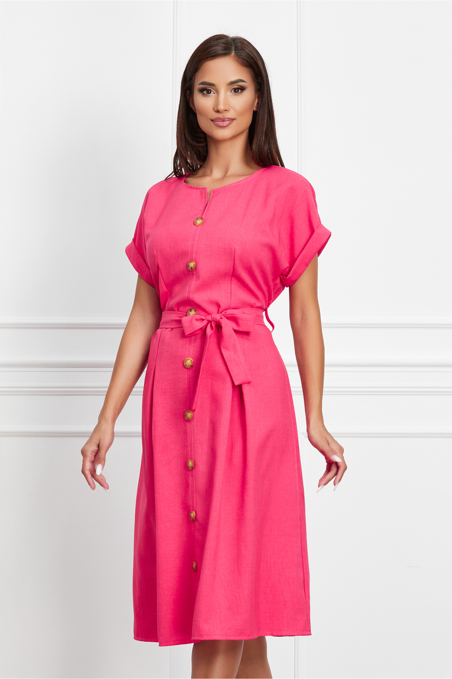 Rochie de ocazie fucsia cu nasturi decorativi