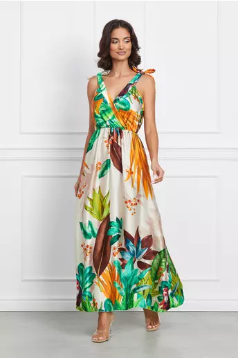 Rochie Sabrina ivory cu imrpimeu tropical orange