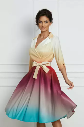Rochie Sabrina multicolora cu bust galben si cordon in talie