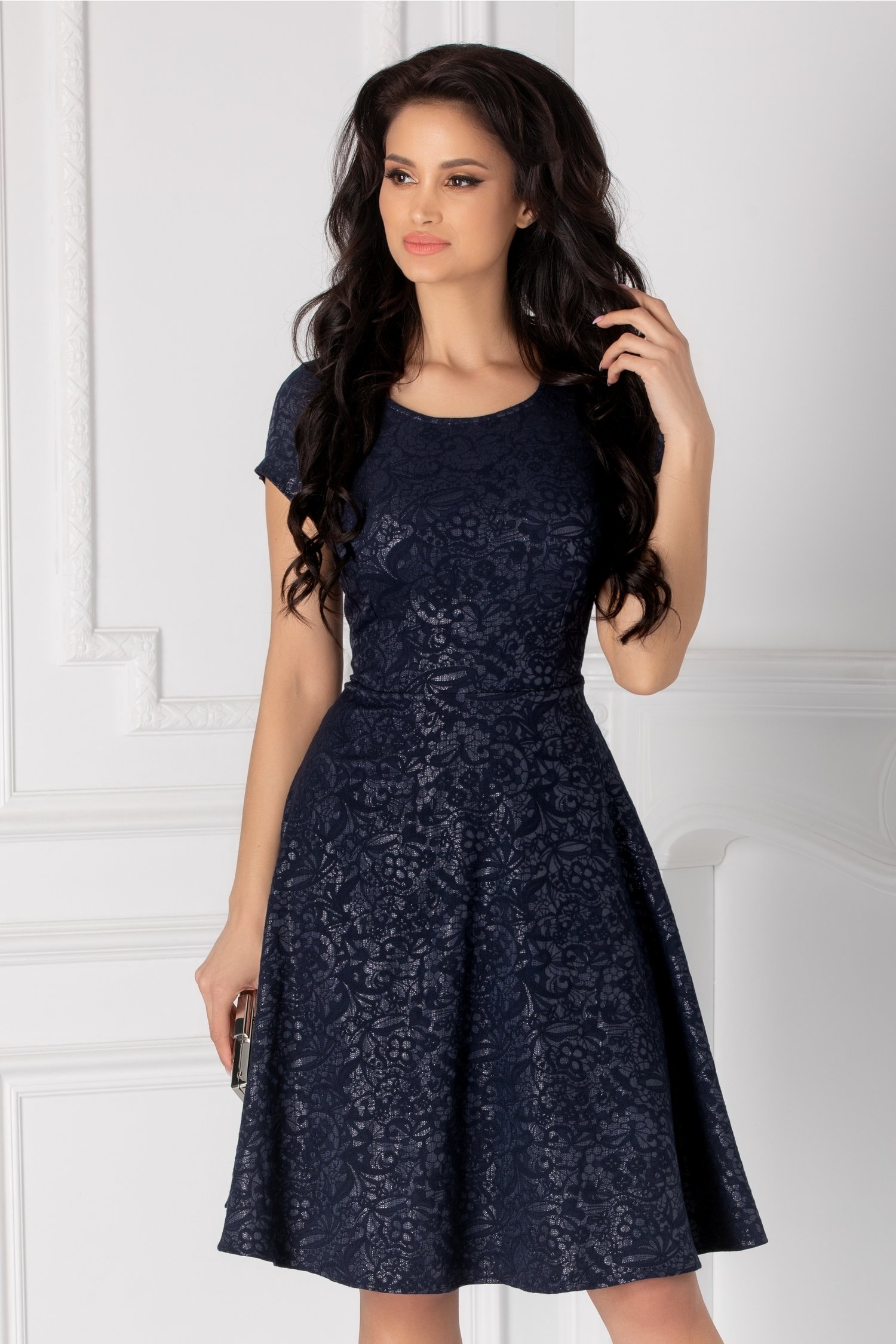 Rochie Samsara bleumarin cu motive florale si lurex argintiu