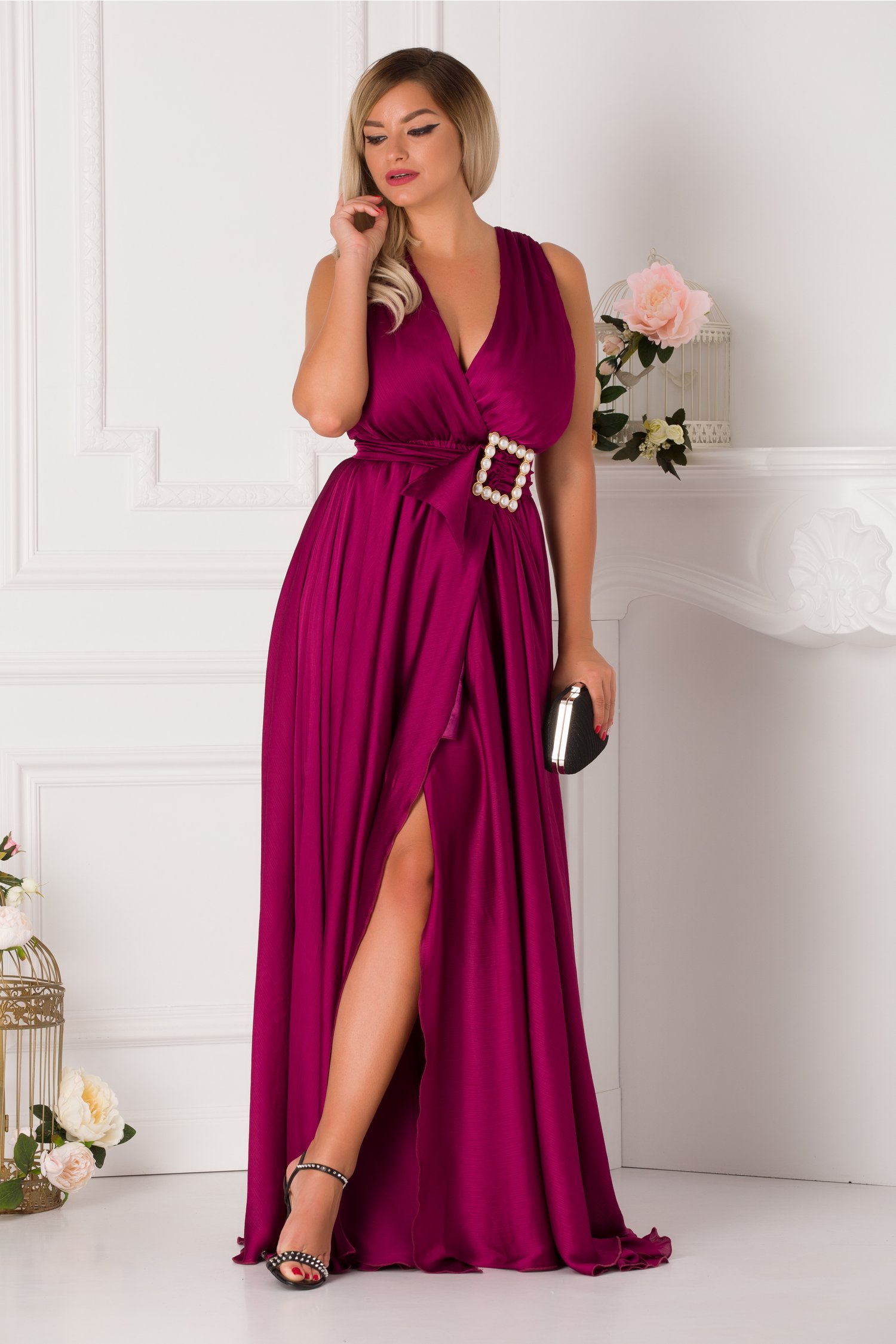 Rochie Sara lunga magenta petrecuta