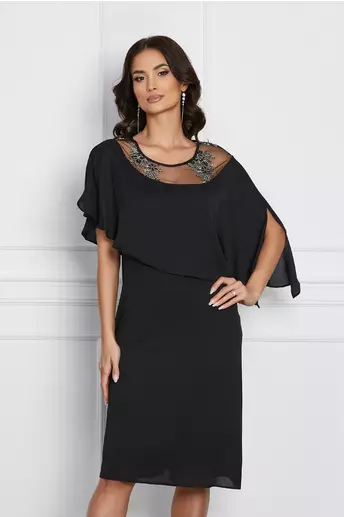 Rochie Sara neagra cu volan si broderie florala pe bust