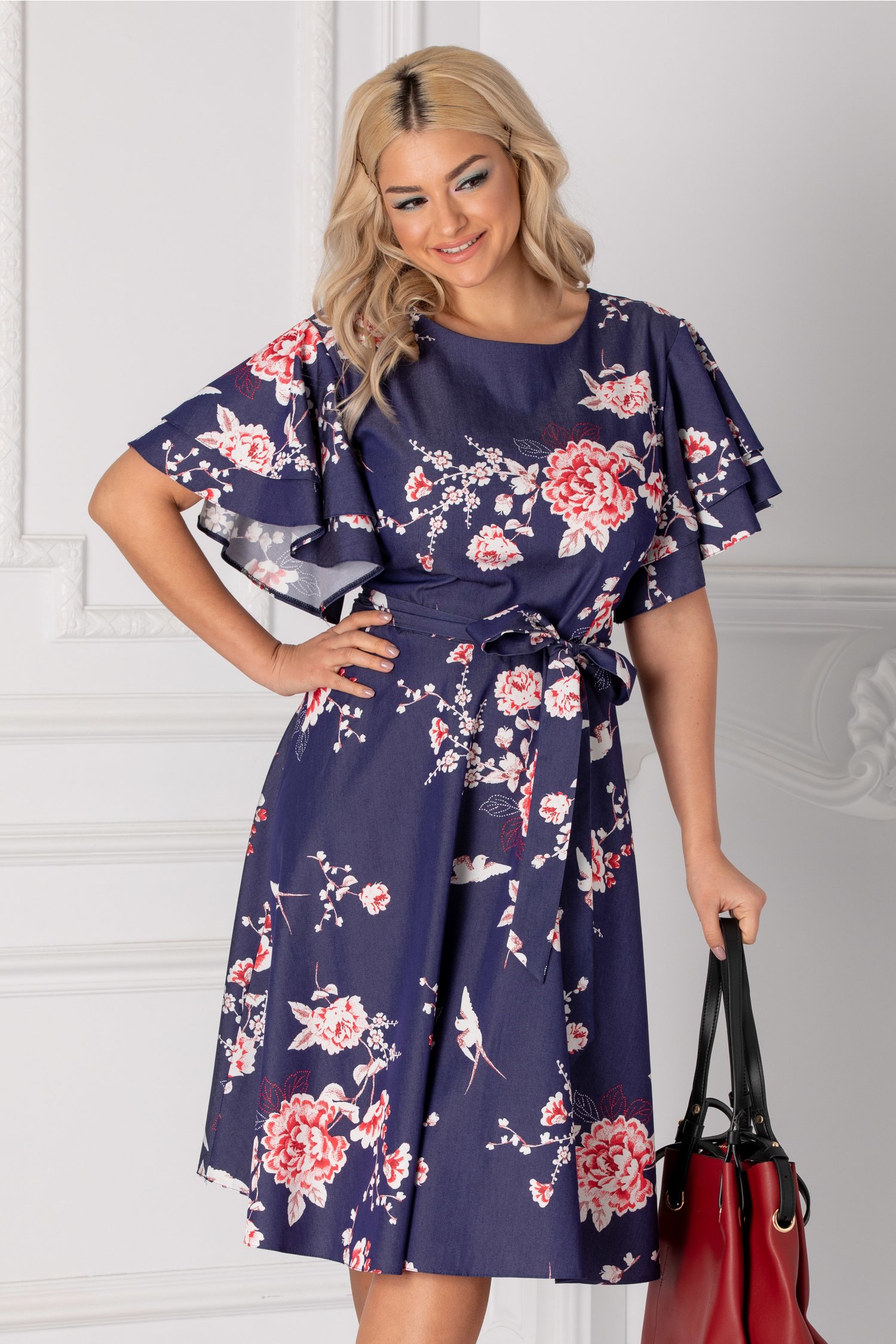 Rochie Sarry midi bleumarin cu imprimeuri florale