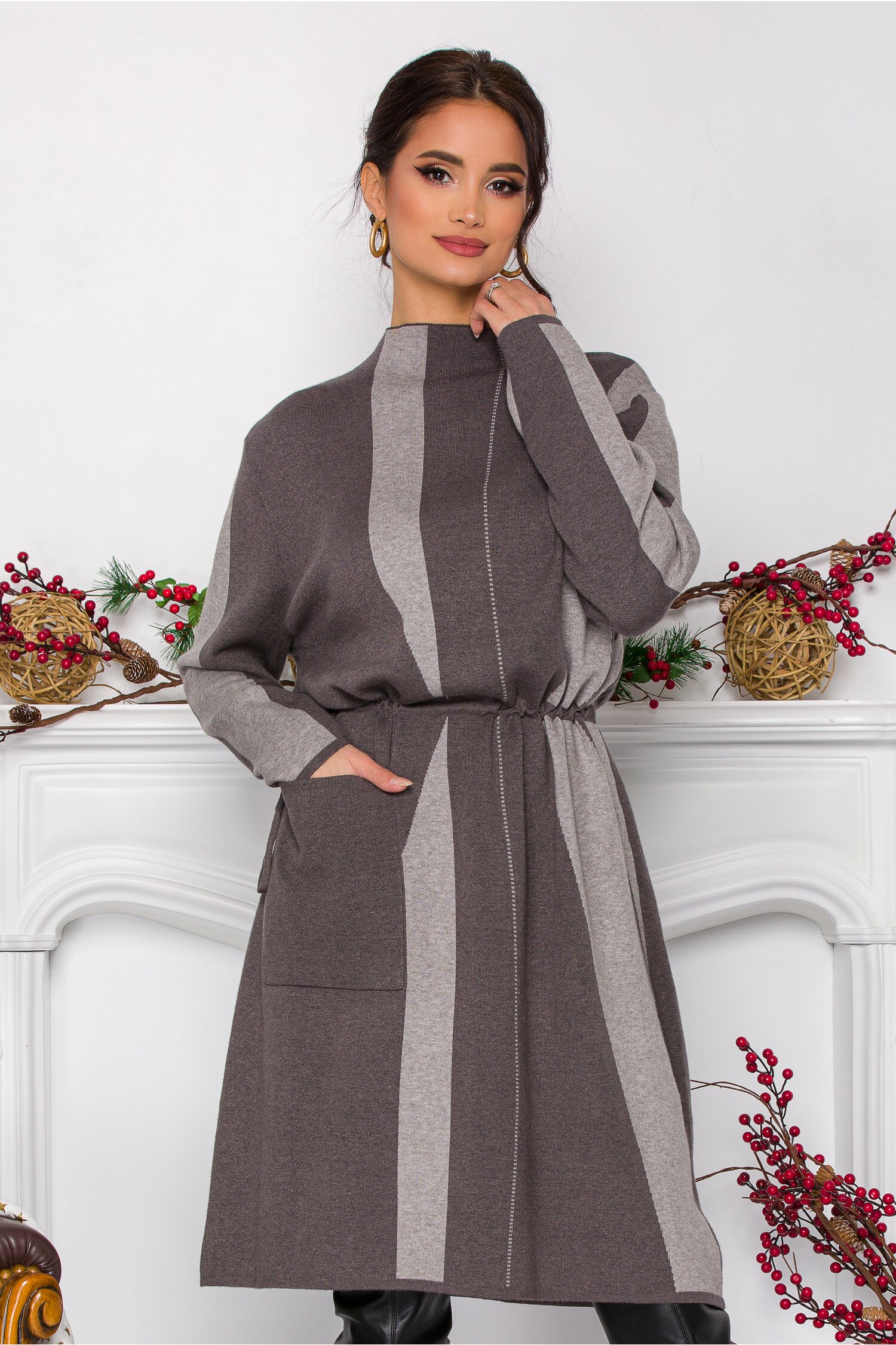 Rochie Sava gri cu snur reglabil in talie si buzunar maxi